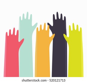 Vector cartoon illustration of colored raised funny hands presentation