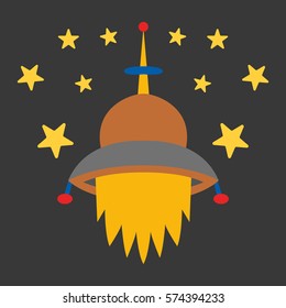 Vector cartoon illustration with colorful alien spaceship isolated on white background. Vector UFO icon. Cute spacecraft, galaxy object for children book or cover illustration. Cartoon rocket icon