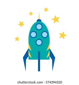 Vector cartoon illustration with colorful alien spaceship isolated on white background. Vector UFO icon. Cute spacecraft, galaxy object for children book or cover illustration. Cartoon rocket icon