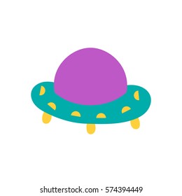 Vector cartoon illustration with colorful alien spaceship isolated on white background. Vector UFO icon. Cute spacecraft, galaxy object for children book or cover illustration. Cartoon rocket icon