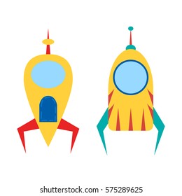 Vector cartoon illustration with colorful alien spaceship isolated on white background. Vector UFO icon. Cute spacecraft, galaxy object for children book or cover illustration. Cartoon rocket icon