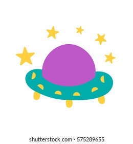 Vector cartoon illustration with colorful alien spaceship isolated on white background. Vector UFO icon. Cute spacecraft, galaxy object for children book or cover illustration. Cartoon rocket icon