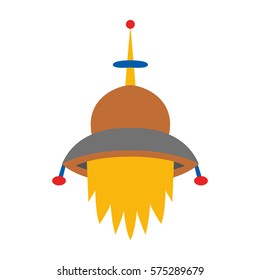 Vector cartoon illustration with colorful alien spaceship isolated on white background. Vector UFO icon. Cute spacecraft, galaxy object for children book or cover illustration. Cartoon rocket icon