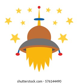 Vector cartoon illustration with colorful alien spaceship isolated on white background. Vector UFO icon. Cute spacecraft, galaxy object for children book or cover illustration. Cartoon rocket icon