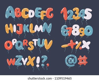 Vector cartoon illustration of colorful balloon font and alphabet in different colors and transparency. Letters and numbers on dark background. svg