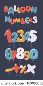 Vector cartoon illustration of colorful bubble-shaped numbers transpaternt set on dark background.