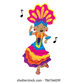 Vector cartoon illustration of colorful costumed dancer with feathered headdress isolated against white background