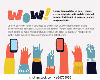 Vector cartoon illustration of colorful raising up hands with different gesture: peace, rock, fist. Comnunity people. Wow! Lettering banner in vintage colour