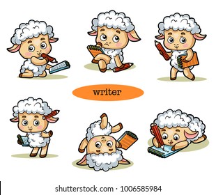 Vector cartoon illustration, colorful set with a funny sheep