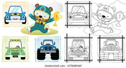 Vector cartoon illustration, coloring book of bear in racer costume holding trophy with racing cars