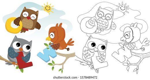 Vector cartoon illustration, coloring book of funny owls holding letter
