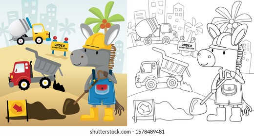 Vector cartoon illustration, coloring book of construction vehicle with donkey in worker costume, construction elements cartoon