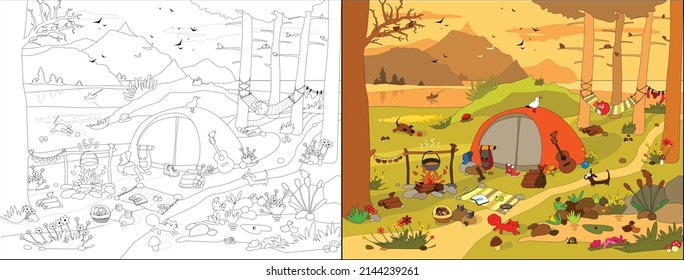 Vector cartoon illustration for a coloring book. Camping in te mountains.