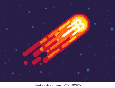 Vector Cartoon illustration of comet with bitcoin symbol flying in open space.