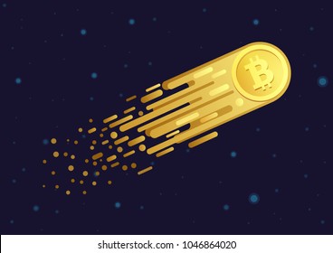 Vector Cartoon illustration of comet with golden bitcoin symbol flying in open galaxy space.