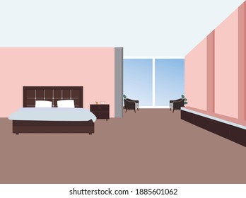 Dibujo vectorial de una cómoda habitación moderna, silla, u, interior. Fondo rosa