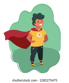 Vector cartoon illustration of Comic brave boy in Superhero costume stands and smiling. Child game.