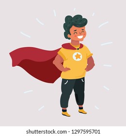 Vector cartoon illustration of Comic brave boy in Superhero costume stands. Super boy character on white isolated background.