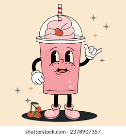  Vector cartoon illustration comic Milkshake with face in groovy retro style with drink. Square image of cute milk shake character with smile for advertising or concept