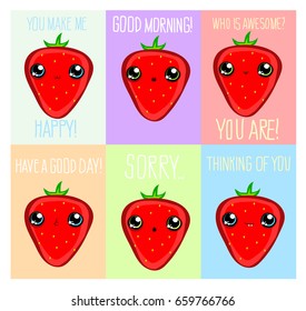 Vector cartoon illustration in comic style. Lovely kawaii strawberry. Colorful flyers.