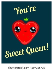 Vector cartoon illustration in comic style. Lovely kawaii strawberry. Greeting card.