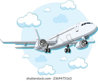 A vector cartoon illustration of a commercial airline airplane soaring in a clear blue sky