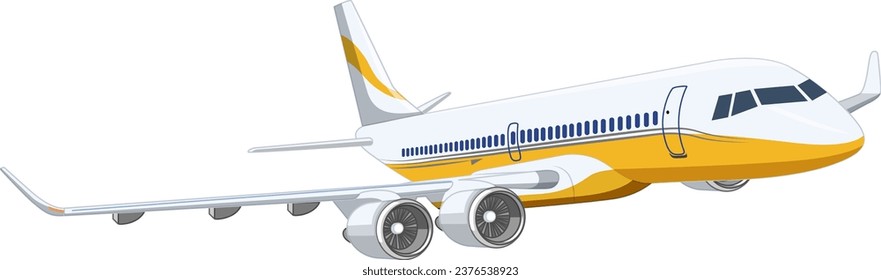 A vector cartoon illustration of a commercial airline plane flying isolated on a white background