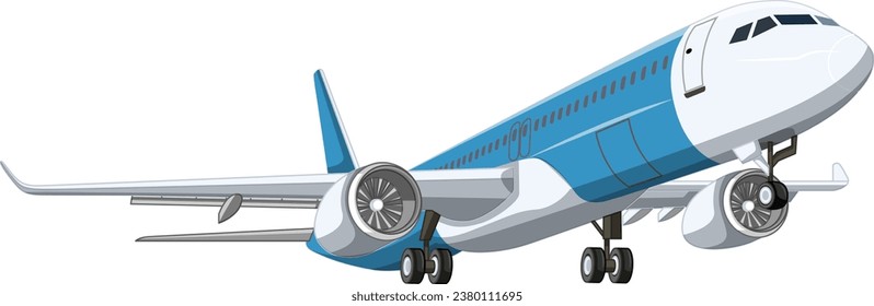 A vector cartoon illustration of a commercial airline airplane taking off, isolated on a white background