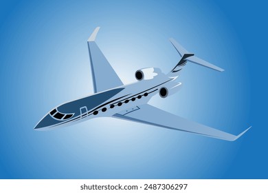 A vector cartoon illustration of a commercial airline airplane soaring through a clear blue sky