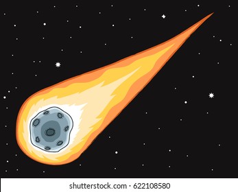 vector cartoon illustration commet, meteorite with long orange-colored light