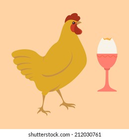 Vector cartoon illustration of common yellow chicken with served soft boiled egg in egg holder 