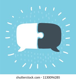 Vector cartoon illustration of communication with speech bubble. Puzzle shape on blue background.