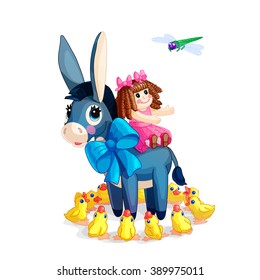 vector Cartoon illustration. Composition: Donkey sitting on it girl surrounded by ducks. Colorful print art. Clip art isolated on white background. EPS 10 without mesh

