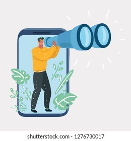 Vector cartoon illustration of Concentrated man looking through the spyglass on smartphone. Human character on white background.