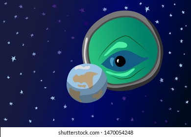 Vector Cartoon illustration concept of alien observation of the Earth and people. Cosmos, Earth, stars, a huge alien eye looks at the planet through a magnifying magnifier. Simple drawing style.