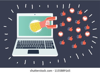 Vector cartoon illustration of concept of attracting followers, customers and clients to business. Hand appear from laptop screen, holding magnet on dark background.