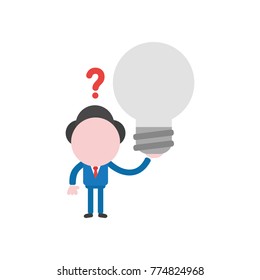 Vector cartoon illustration concept of confused faceless businessman mascot character holding grey light bulb symbol icon with red question mark.