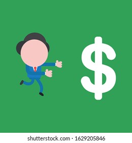 Vector cartoon illustration concept of faceless businessman mascot character running to green dollar money symbol icon.