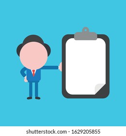 Vector cartoon illustration concept of faceless businessman mascot character leaning on black clipboard with blank paper symbol icon.