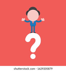 Vector cartoon illustration concept of faceless businessman mascot character on red question mark symbol icon.