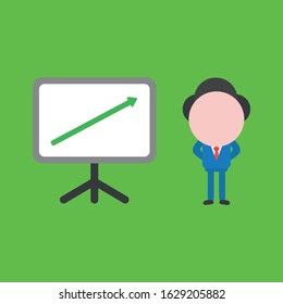 Vector cartoon illustration concept of faceless businessman mascot character with presentation chart board symbol icon and green arrow moving up.