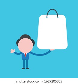 Vector cartoon illustration concept of faceless businessman mascot character holding blue shopping bag symbol icon.