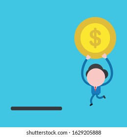 Vector cartoon illustration concept of faceless businessman mascot character running, holding up and carrying yellow dollar money coin symbol icon to black moneybox hole.