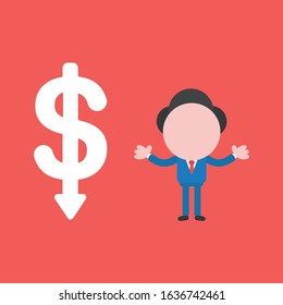 Vector cartoon illustration concept of faceless businessman mascot character with dollar symbol arrown moving up on red background.