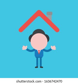 Vector cartoon illustration concept of faceless businessman mascot character under house roof on blue background.