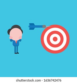 Vector cartoon illustration concept of faceless businessman mascot character with bulls eye and dart miss the target on blue background.