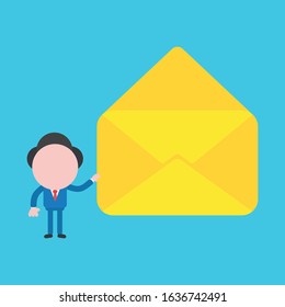 Vector cartoon illustration concept of faceless businessman mascot character holding empty opened envelope on blue background.