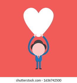 Vector cartoon illustration concept of faceless businessman mascot character holding up heart on red background.