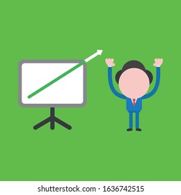 Vector cartoon illustration concept of faceless businessman mascot character with sales chart arrow moving up out of chart on green background.