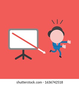Vector cartoon illustration concept of faceless businessman mascot character running away from sales chart arrow moving down on red background.